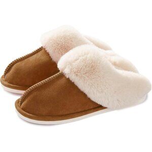 Women's Brown Fluffy Cozy Winter Warm Plush Memory Foam Slip On Slippers Shoes